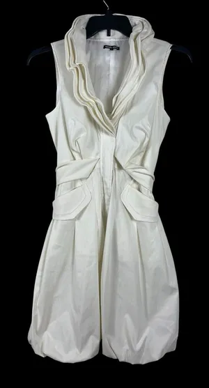 Samuel Dong Bubble Hem Dress M Ivory Ruffle Draped Collar Belted Cocktail thumbnail 1