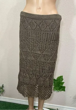 Olive Crochet Fringe Skirt Tan Size L thumbnail 2