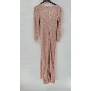 Sublime Sequined Gown S Pink Faux Wrap Long Puff Sleeve Tigh Slit Party Wedding thumbnail 9
