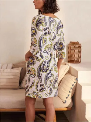 Boden Laurie Linen Paisley Print Coastal Boatneck Dress White Green Pink 8P thumbnail 4