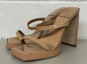 Jeffrey Campbell sz6.5 tan open toed square toe nude patent hustler high heels thumbnail 1