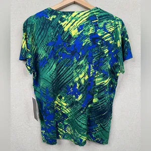 KENAR Blue Green Silk Blend Daphne Knit Top Sz XL Multicolor Print Short Sleeve thumbnail 4