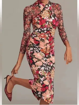 Anthropologie Halter High Neck Mesh Floral Ruched Midi Dress NWT XS thumbnail 2