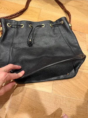 Cole Haan Black Pebbled Leather Shoulder‎ Bag with Braided Brown Handles thumbnail 2