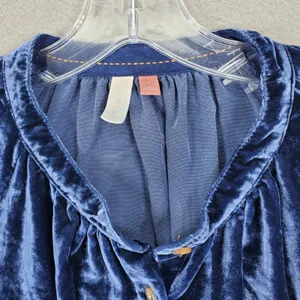 Pilcro and the Letterpress Blouse Women L Blue‎ Velvet Button Front Long Sleeve Anthropologie Top thumbnail 2
