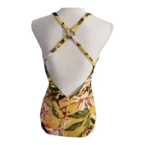 Kona Sol Swimwear One Piece High Coverage Yellow Tropical Floral Size M thumbnail 3