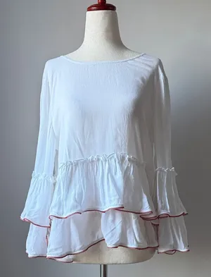 Rebecca Minkoff White Ruffle Tiered Long Sleeve Blouse Boho Casual Top thumbnail 1