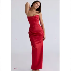 House of CB ADRIENNE Scarlet Satin Strapless Gown in red thumbnail 3