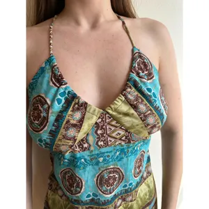 Printed Vintage Graphic Blue and Green Halter Top‎ thumbnail 4