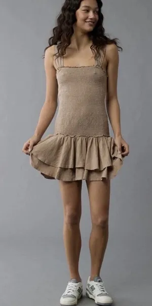 American Eagle Sunchaser‎ Knit Smocked Drop Waist Mini Dress XS Brown Boho 100%cotton thumbnail 1