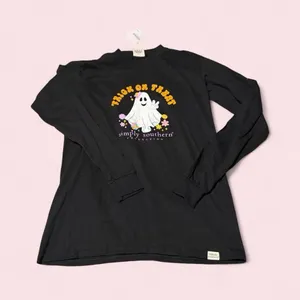 Simply Southern Black Long Sleeve Tee with Ghost 'Trick or Treat' Graphic thumbnail 1
