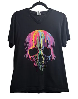 Port‎ & Company Black Skull Drip Graphic V Neck T Shirt Women's Size Small thumbnail 1