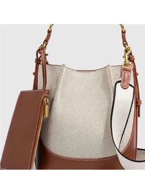 Zara NWT cream & brown Canvas & Leather Shoulder bucket Bag thumbnail 2
