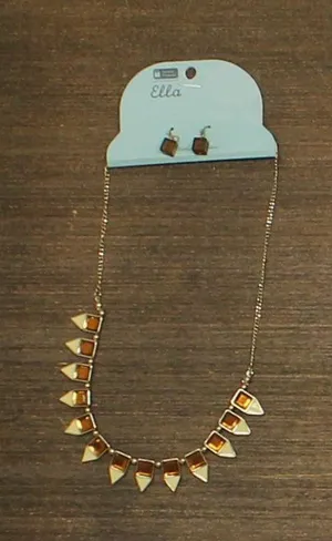 NWT Ella Geometric Pendant Dangly Earring Necklace Set Gold / Brown 18" + 3" thumbnail 1