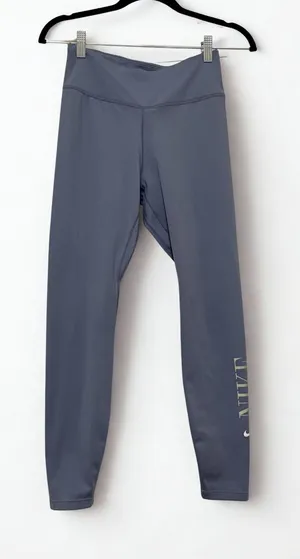 Nike Dri-FIT Womens High Waisted Leggings Slate Blue Gray Logo Tights S thumbnail 1