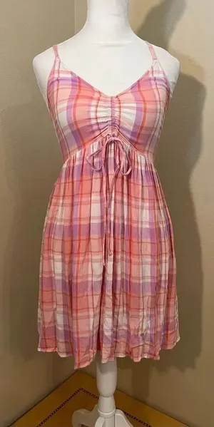 BP Peach Pink Cream Purple Plaid Strappy Summer Mini Dress XS thumbnail 1