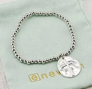 Enewton Silver Beaded Stretch Bracelet Hammered Cross Disc Charm with Brand Pouch & Hang Tag thumbnail 1