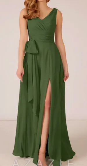 NWT Azazie Bianca Olive Green Sleeveless Maxi Slit Dress Size A12 thumbnail 1