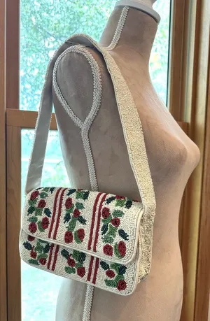 Rachel Zoe Hand Beaded Strawberry Motif Shoulder Bag Cream Baguette Purse Y2K thumbnail 1