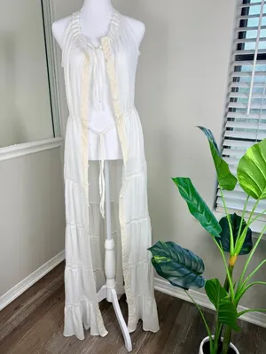 A.Peach White Boho Maxi Dress Womens Large Lace Button Front thumbnail 8