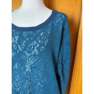 Free People Not Cold In This Jewel tone Blue Floral Lace Oversized Boho Top thumbnail 4