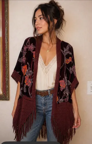 Bohemian Floral Velvet Fringe Kimono - Burgundy Oddi one size thumbnail 1