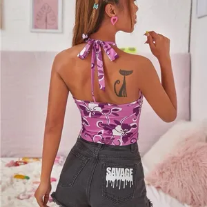 Purple Floral Halter Neck Top XS Y2K Sleeveless Back Tie Shirt thumbnail 2