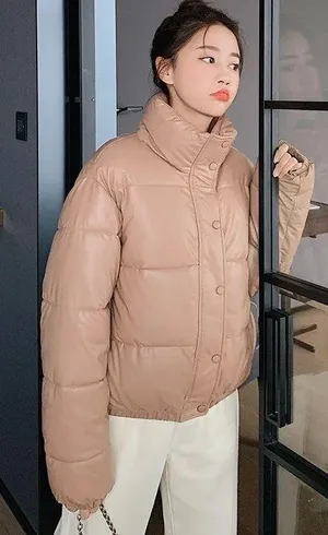 Small crop puffer beige Carmel warm winter coat jacket big Nwot Tan thumbnail 6