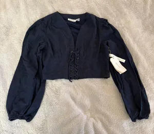 Midnight Sky Lace-Up Linen Blend Crop Top thumbnail 1