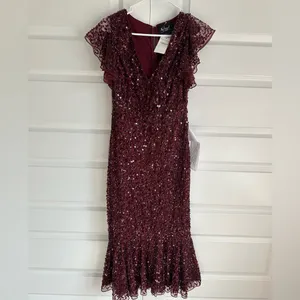 Mac Duggal Sequin V Neck Flutter Cap Sleeve Trumpet Dress Garnet‎ NWT thumbnail 4