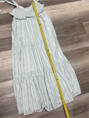 Ivory & Blue Floral Striped Smocked Tie-Shoulder Maxi Dress | Size Large thumbnail 11