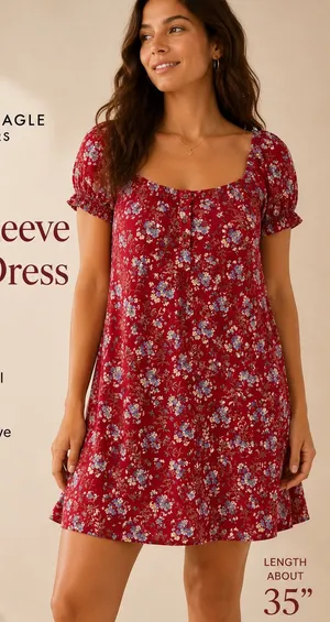 NWT American Eagle Red Floral Puff Sleeve Shift Mini Dress XL thumbnail 1