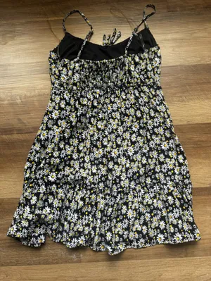 Floral Sundress with Spaghetti Straps - Black/White thumbnail 3