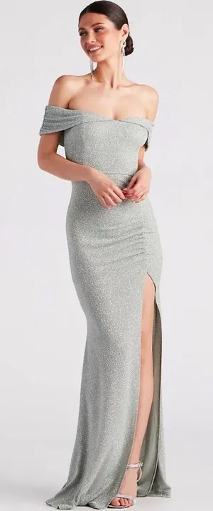 Windsor off the shoulder long green sparkly dress size Large thumbnail 1