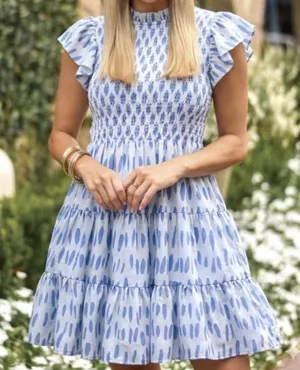 J Marie Dress Abstract Polka‎ Dot White Blue Smocked Size Large Flutter Sleeve thumbnail 1