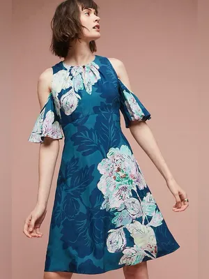 Maeve Anthropologie Elia Open‎ Shoulder Teal Floral Dress thumbnail 1