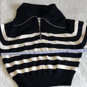 ZARA Striped Half Zip Cropped Sweater Black Cream Size L Knit thumbnail 4