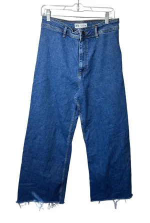 Zara Women's Size‎ 10 High Rise Wide Leg Cropped Denim Jeans Frayed Hem Blue thumbnail 1