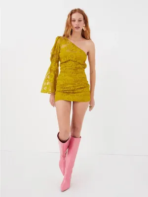 NWT For Love & Lemons Tiana Mini Dress in Mustard Yellow, Size XS thumbnail 7