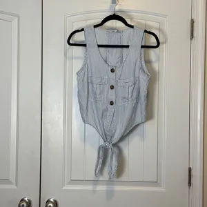 Dex Women M Pinstripe Top Tie Front Sleeveless Button Up Minimalist Chic Tencel thumbnail 2
