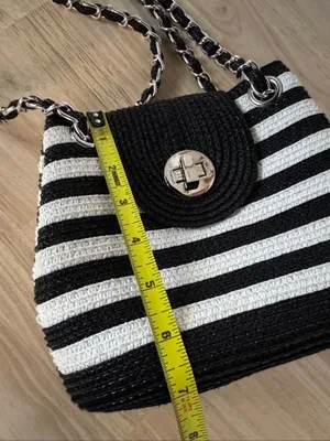 Striped Black and Cream Shoulder Bag with Chain Strap Black thumbnail 4