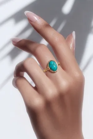 Women’s Stainless Steel Gold Tone Faux Turquoise Adjustable Ring Size 6-9 thumbnail 1