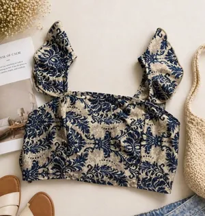 Source Unknown Floral Square Neck Crop Top in Navy and Cream thumbnail 1
