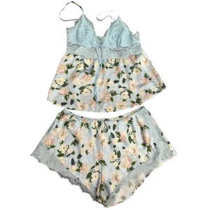 VICTORIA'S SECRET Blue LACE SATIN CAMI Pajama Babydoll S Lounge SET FLORAL I19-1 thumbnail 3