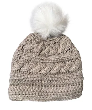 L.L.Bean Cable Knit Pom Beanie Hat One Size Unisex Adult Taupe Faux Fur 505452 thumbnail 1