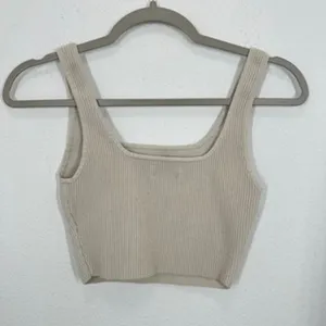 Babaton Ribbed Knit Square Neck Tank Top Sleeveless Crop Top Beige‎ Loungewear thumbnail 6