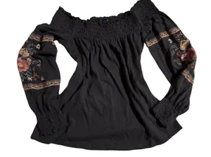 American Eagle Outfitters Black Peasant Top with Floral Embroidery thumbnail 1