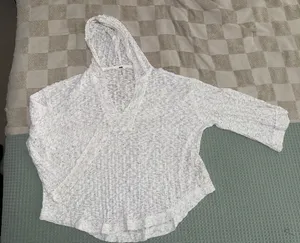 Free People Baja Babe Summer Pullover Hooded Sweater White Yellow M OB1128305 thumbnail 1