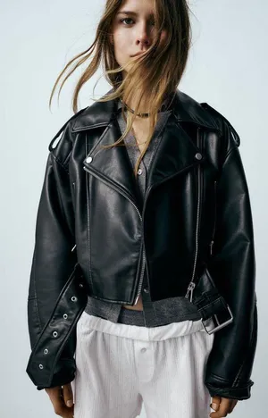 ZARA jacket biker faux leather cropped coat thumbnail 4