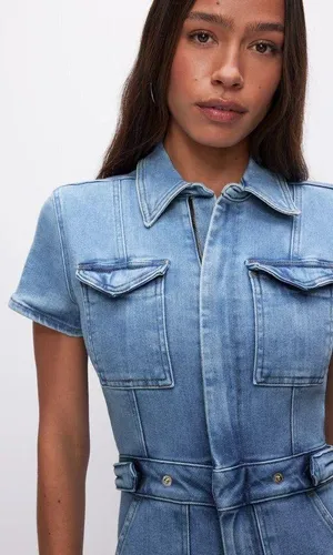 Good American Denim Short Sleeve Jumpsuit Shorts Romper Utility Stretchy Minimal thumbnail 1